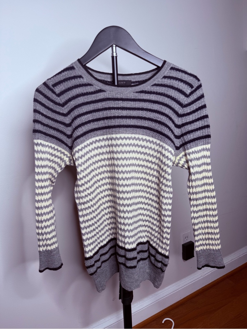 J. Crew Gray and Cream Striped Crewneck Sweater